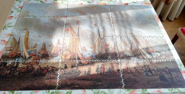 Image of the puzzle 3000, Jumbo, Sham Fight on the River Y, by Abraham Storck, Complete, Picture of the puzzle assembled