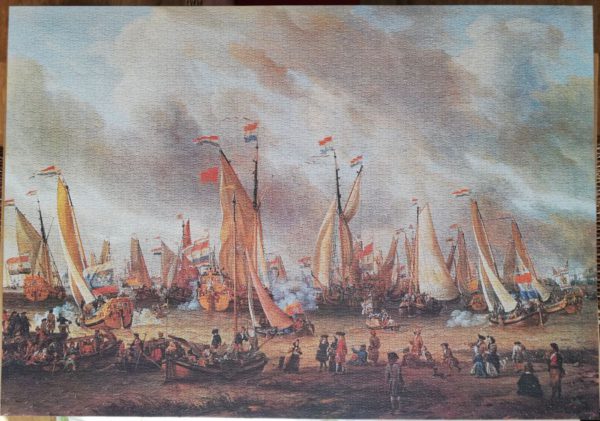 Image of the puzzle 3000, Jumbo, Sham Fight on the River Y, by Abraham Storck, Complete, Picture of the puzzle assembled