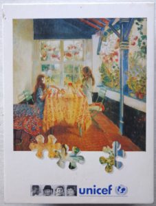 Image of the puzzle 1200, Unicef, The Veranda, by Edgard Wiethase, Sealed Bag, Picture of the box