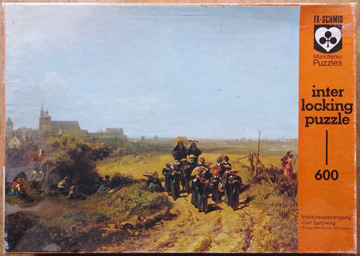 600, F.X. Schmid, Walk with the Institute, by Carl Spitzweg, Complete, 2018-12-02 Image of the puzzle 600, F.X. Schmid, Walk with the Institute, by Carl Spitzweg, Complete, Picture of the box