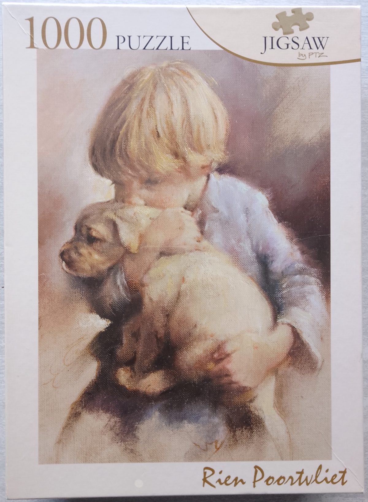 1000, PTZ, Boy and Puppy, by Rien Poortvliet, Factory Sealed, 2023-03-27 Image of the puzzle 1000, PTZ, Boy and Puppy, by Rien Poortvliet, Factory Sealed, Picture of the box