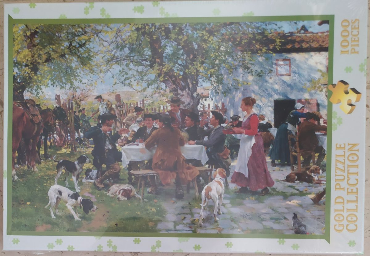 Image of the puzzle 1000, Gold puzzle, The Huntsmen Lunch, Raffaello Sorbi, Factory Sealed, Picture of the box