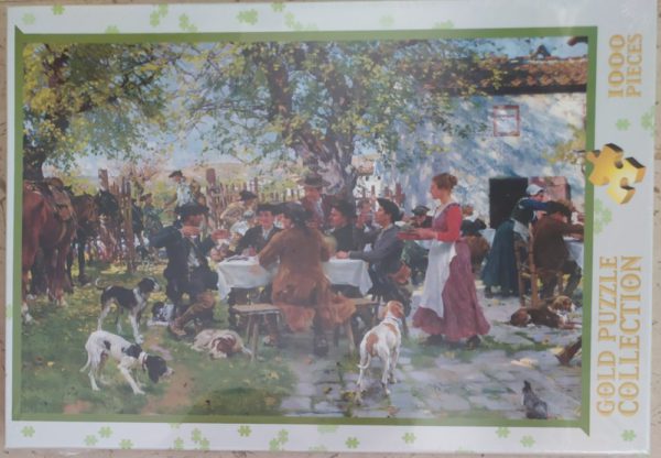 Image of the puzzle 1000, Gold puzzle, The Huntsmen Lunch, Raffaello Sorbi, Factory Sealed, Picture of the box
