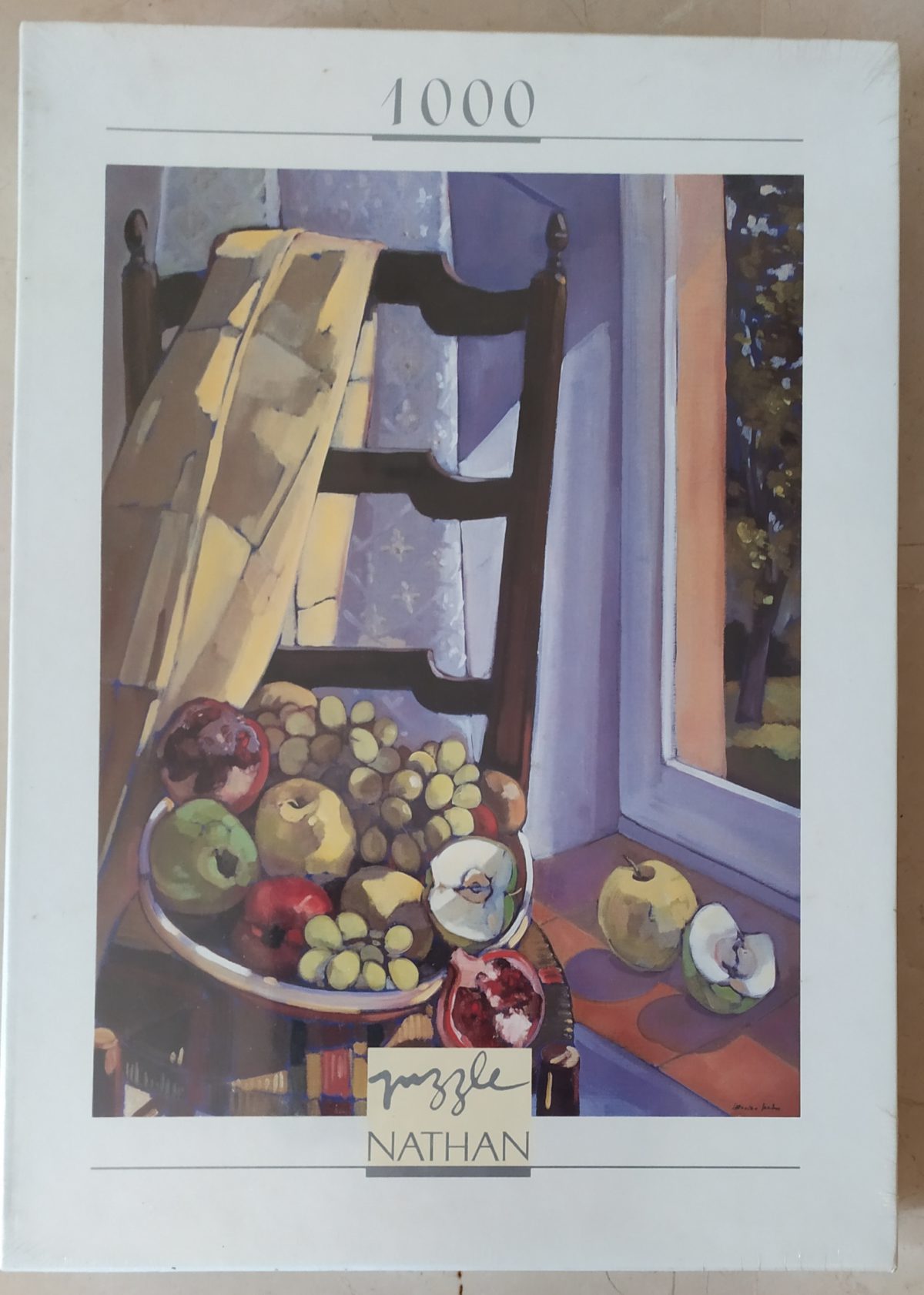 1000, Nathan, Still Life with Chair, Lorraine Jordan, Factory Sealed, Listed by Barebrain Image of the puzzle 1000, Nathan, Still Life with Chair, Lorraine Jordan, Factory Sealed, Picture of the box