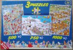 Image of the puzzle 500-750-1000, Jumbo, Parcel Service & Break a Leg & Tennis, by Jan van Haasteren, Complete, Picture of the box
