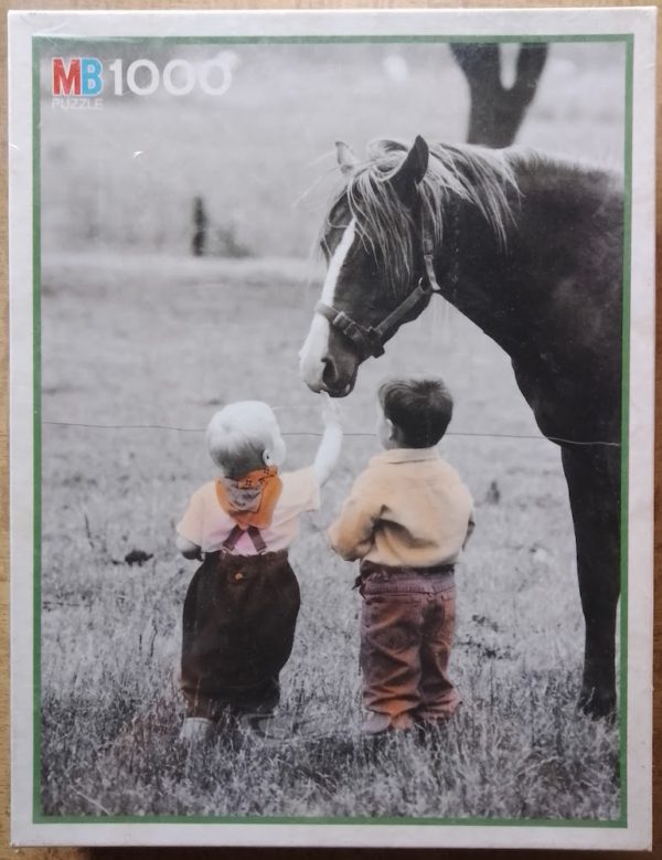 Image of the puzzle 1000, MB, Stroking the Horses, Factory Sealed, Picture of the box