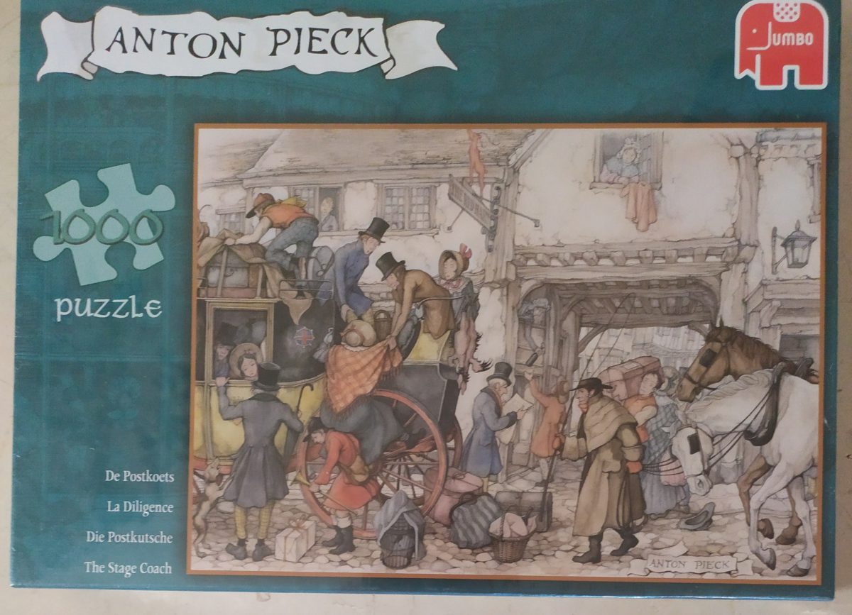 1000, Jumbo, The Stage Coach, Anton Pieck, Factory Sealed, Listed by Barebrain Image of the puzzle 1000, Jumbo, The Stage Coach, Anton Pieck, Factory Sealed, Picture of the box
