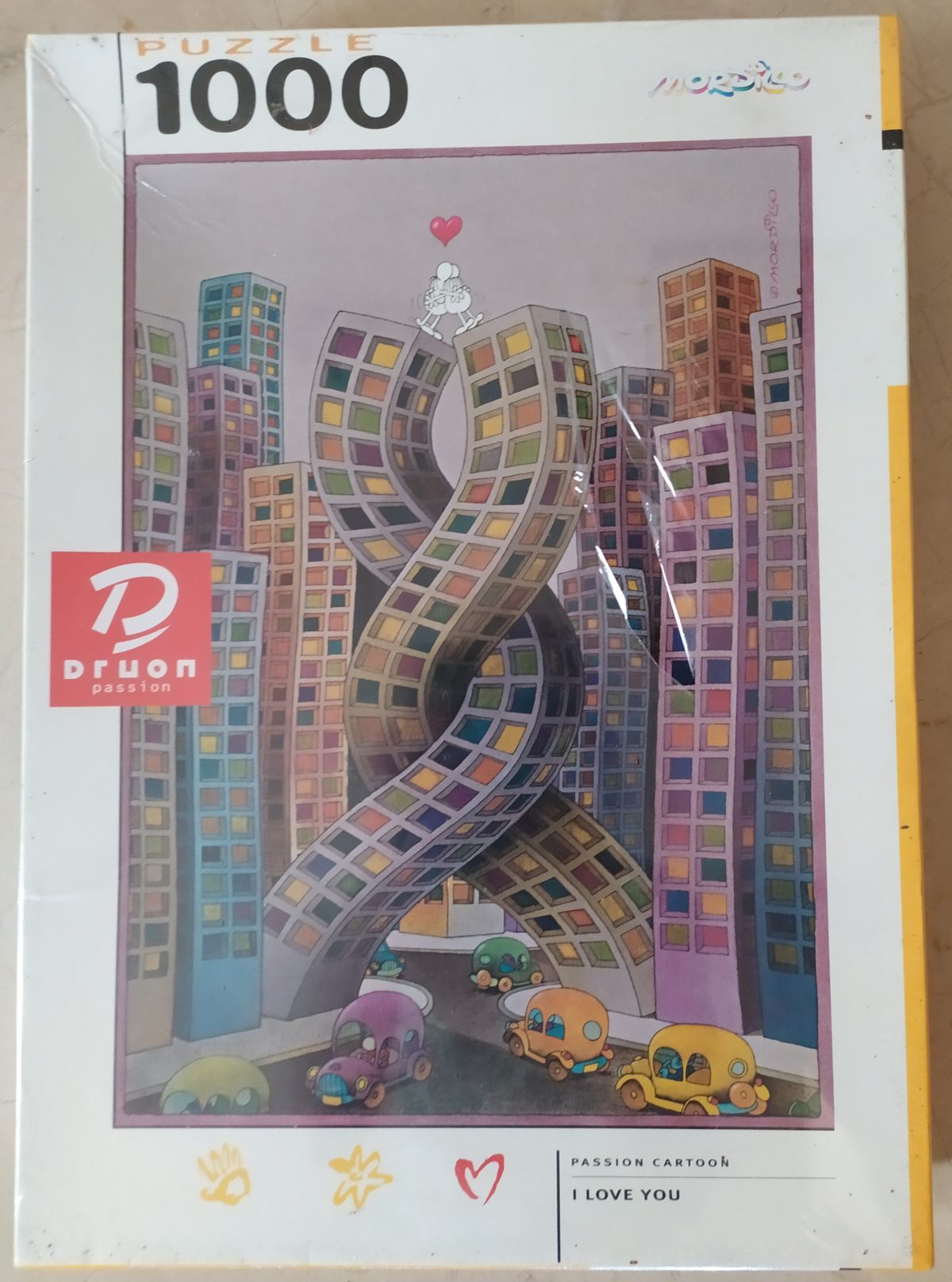 1000, Druon, I love you, Guillermo Mordillo, Factory Sealed, Listed by Barebrain Image of the puzzle 1000, Druon, I love you, Guillermo Mordillo, Factory Sealed, Picture of the box