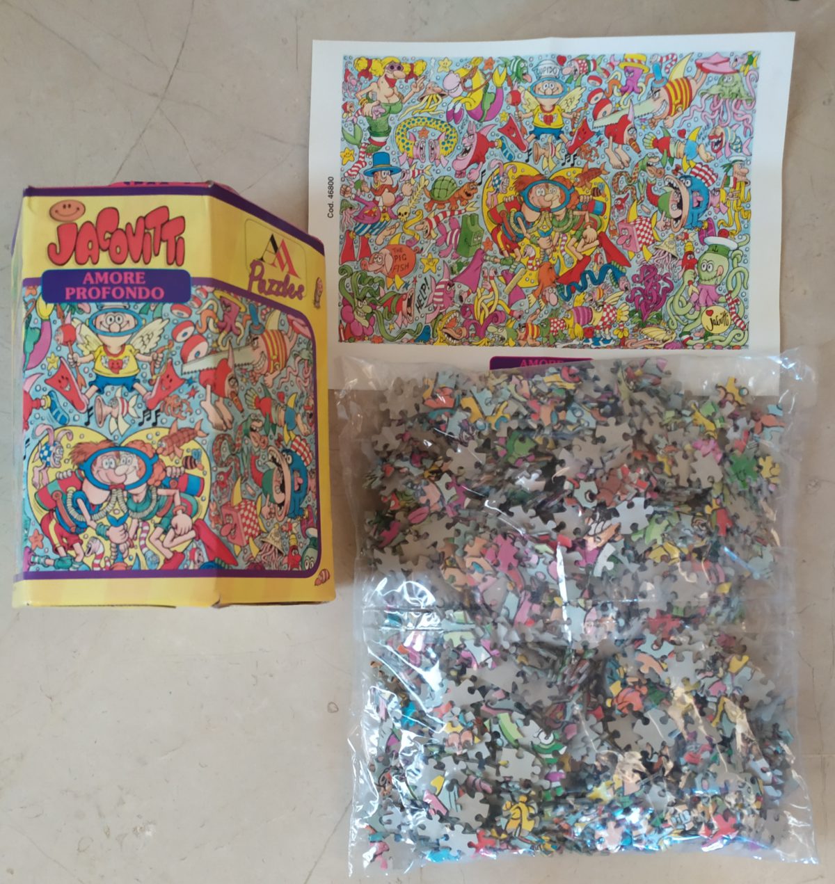 1500, Auguri Mondadori, Deep Love, by Jacovitti, Sealed Bag, Listed by ArtPuzzler Image of the puzzle 1500, Auguri Mondadori, Deep Love, by Jacovitti, Sealed Bag, Picture of the contents