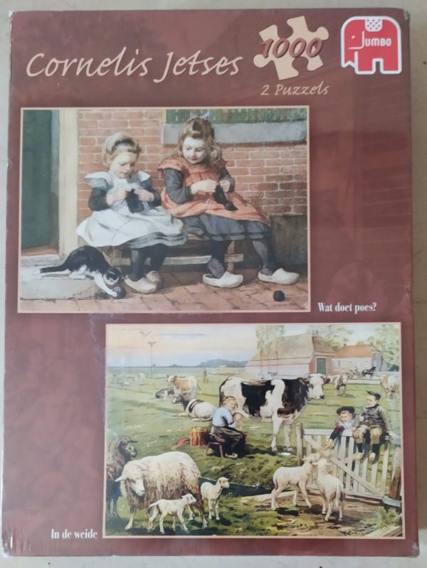Image of the puzzle 2×1000, Jumbo, What is the Kitten doing & In the Meadow, by Cornelis Jetses, Factory Sealed, Picture of the box