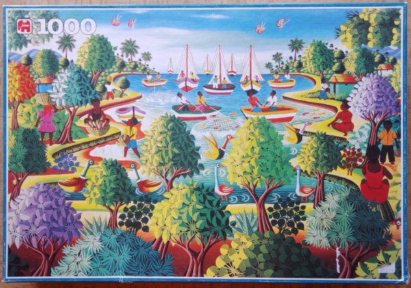 Image of the puzzle 1000, Jumbo, Tree Landscape with Sailing Boats, by Rodrigue Mervilus, Complete, Picture of the box