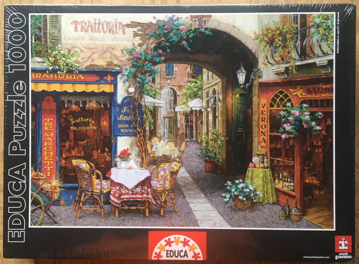 1000 Educa, Trattoria Tre Marchetti, by Viktor Shvaiko, Factory Sealed, 2025-06-11 Image of the puzzle 1000 Educa, Trattoria Tre Marchetti, by Viktor Shvaiko, Factory Sealed, Picture of the box