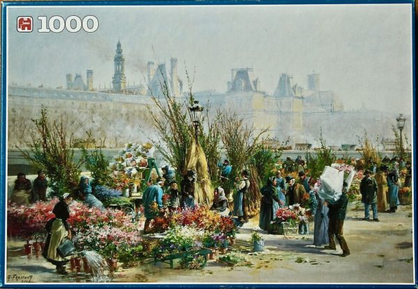 Image of the puzzle 1000, Jumbo, Flower Market by the Seine, by Georges Fraipont, Complete, Picture of the box
