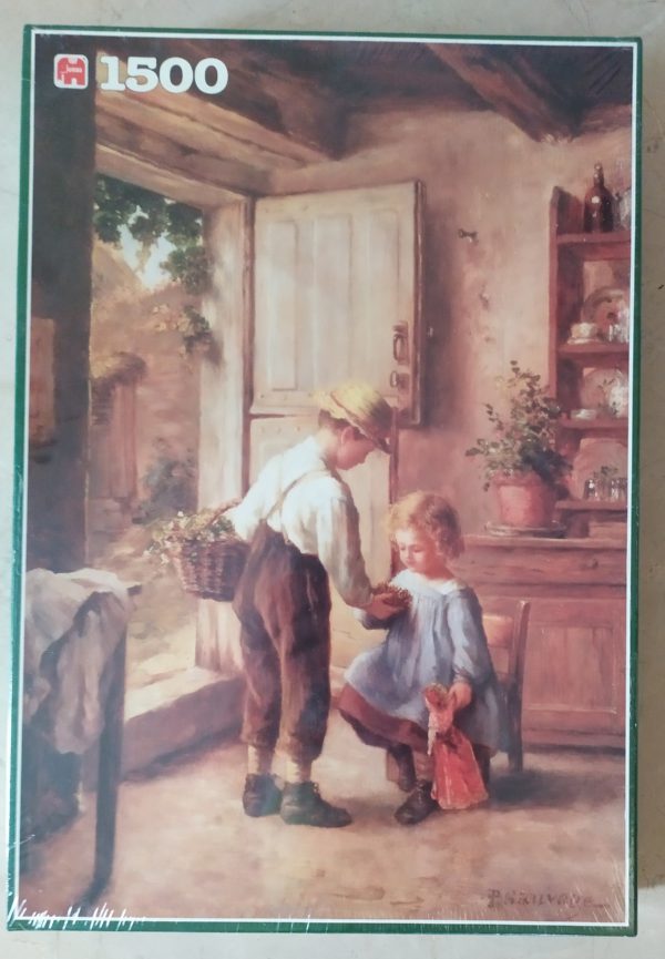 Image of the puzzle 1500, Jumbo, A Cozy Kitchen Scene, Sauvage, by Philippe François Sauvage, Factory Sealed, Picture of the box