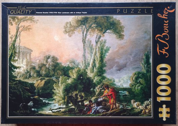 Image of the puzzle 1000, D-Toys, River Landscape with an Antique Temple, by FranƧois Boucher, Complete, Picture of the box