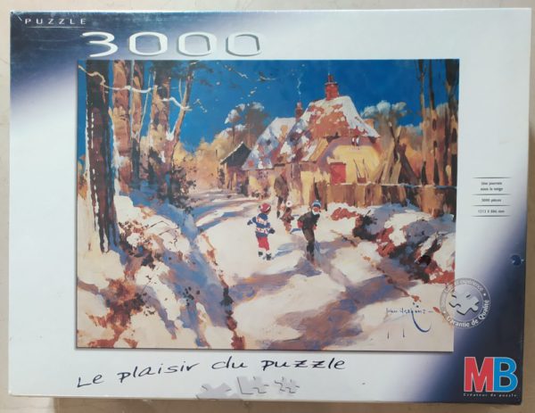 Image of the puzzle 3000, MB, A Day in the Snow, John Haskins, Factory Sealed, Picture of the box