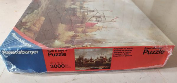 Image of the puzzle 3000, Ravensburger, Frigates in Battle, by Pieter Cornelis van Soest, Factory Sealed, Picture of the box
