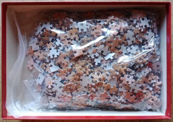 Image of the puzzle 1000, Ricordi, Lady Mirroring Peach Blossoms, Complete, Picture of the bag