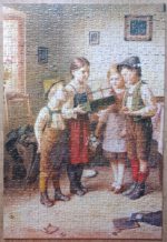 Image of the puzzle 500, MB, Children Playing with their Pet Bird, by Edmund Adler, Complete, Picture of the puzzle
