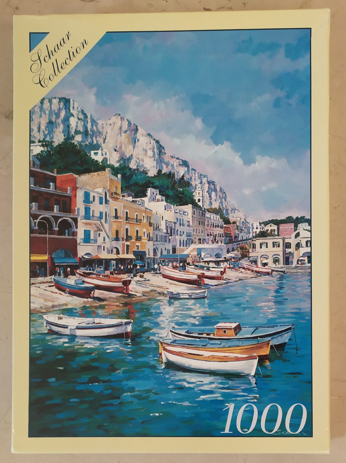 1000, Puzzelman, The Harbor, Italy, Robert Schaar, Sealed Bag, Listed by Barebrain Image of the puzzle 1000, Puzzelman, The Harbor, Italy, Robert Schaar, Sealed Bag, Picture of the box