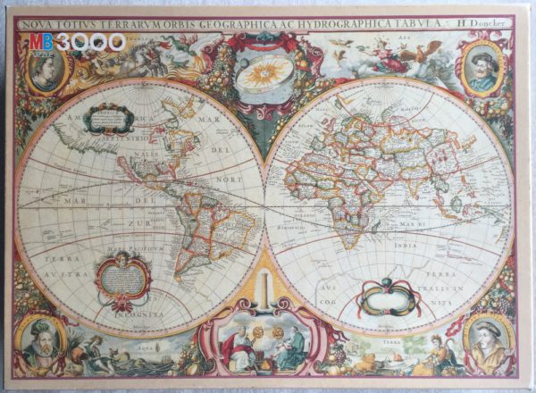 Image of the puzzle 3000, MB, 16th Century World Map, by Hendrick Doncker, Sealed Bag, Picture of the box
