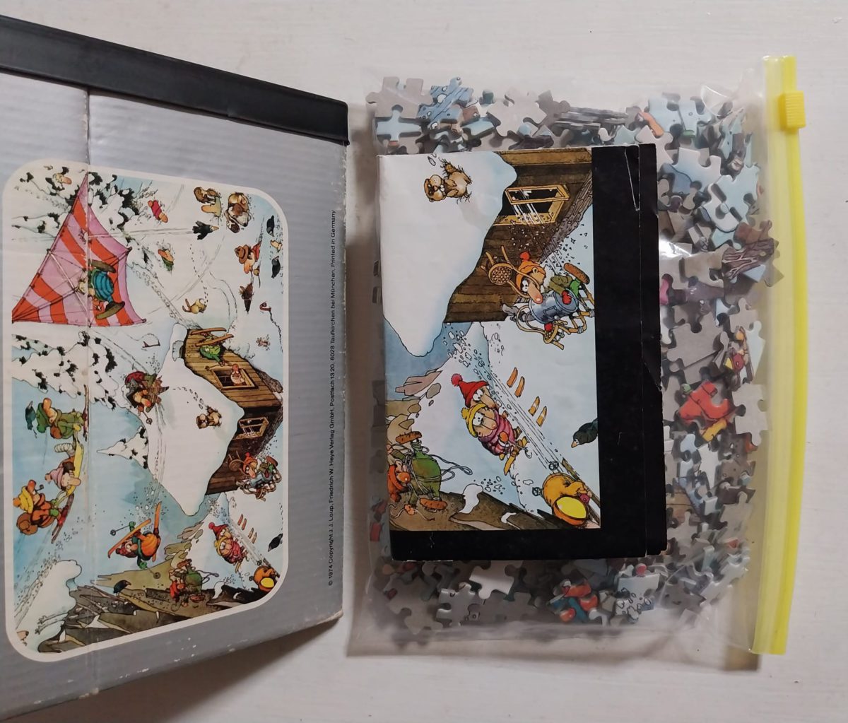 Image of the puzzle 500, Heye, Happy Skiing, by Jean-Jacques Loup, Complete, Picture of the contents