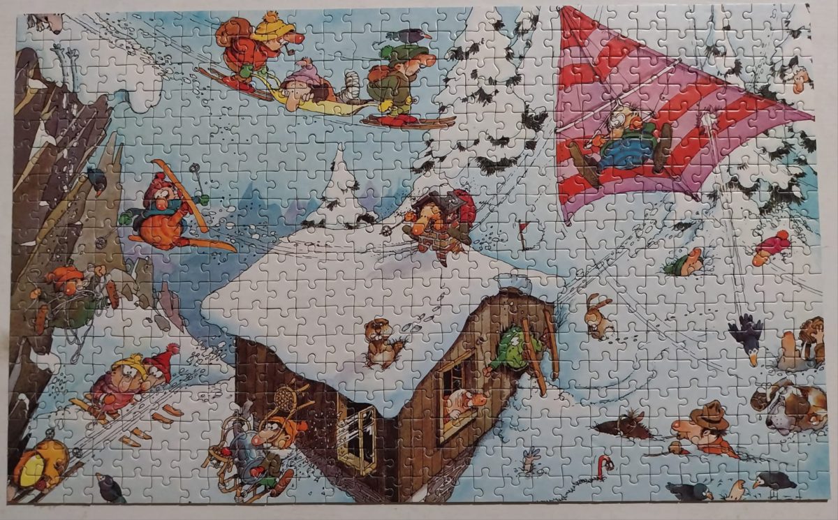 Image of the puzzle Image of the puzzle 500, Heye, Happy Skiing, by Jean-Jacques Loup, Complete, Picture of the puzzle