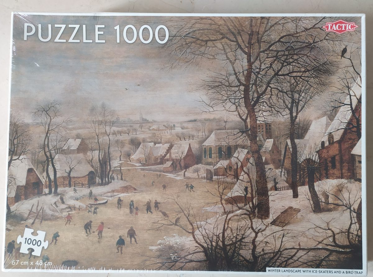 Image of the puzzle 1000, Tactic, Winter Landscape with Ice Skaters and a Bird Trap, by Pieter Bruegel the Elder, Factory Sealed, Picture of the box