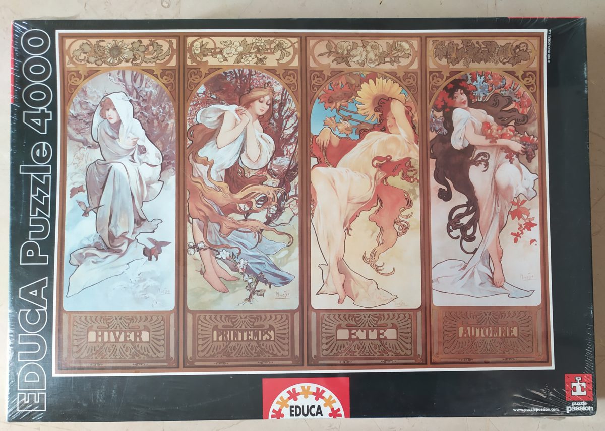 4000, Educa, Four Seasons, Alphonse Mucha, Factory Sealed, Listed by Barebrain Image of the puzzle 4000, Educa, Four Seasons, Alphonse Mucha, Factory Sealed, Picture of the box