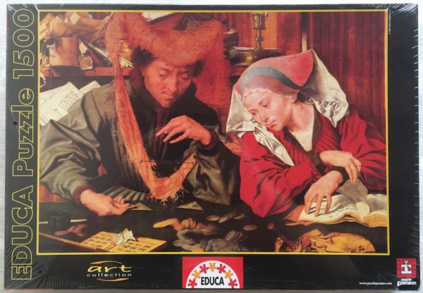 Image of the puzzle 1500, Educa, The Banker and His Wife, by Marinus Claeszoon van Reymerswaele, Factory Sealed, Picture of the box