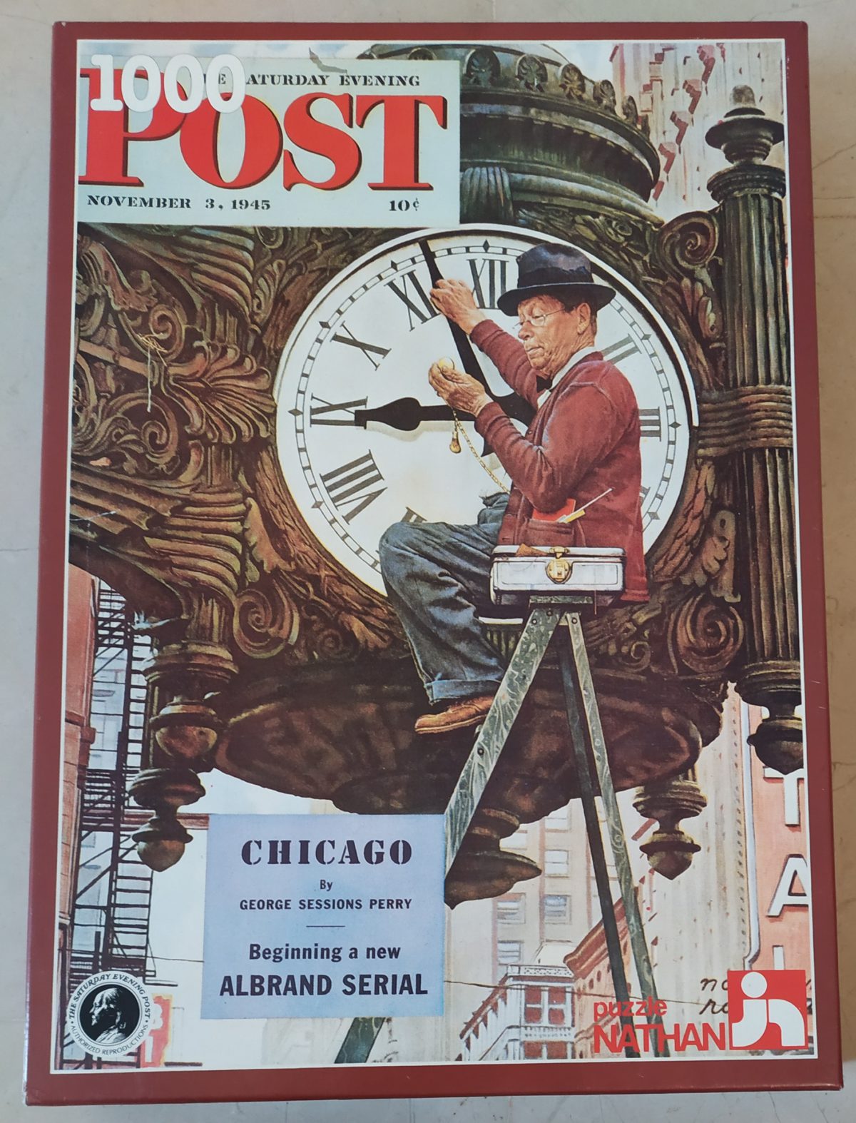 1000, Nathan, The Clock Mender, Norman Rockwell, Sealed Bag, Listed by Barebrain Image of the puzzle 1000, Nathan, The Clock Mender, Norman Rockwell, Sealed Bag, Picture of the box