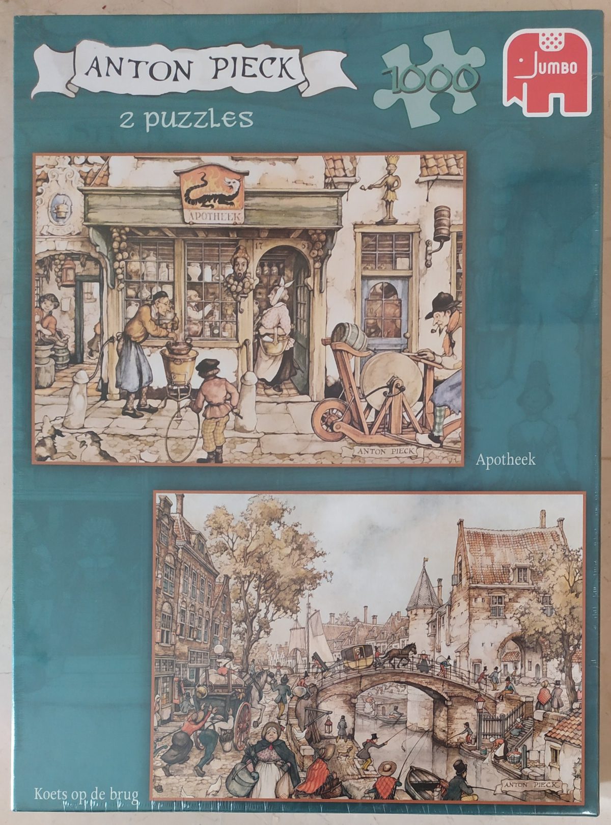 1000×2, Jumbo, Pharmacy & Coach on the Bridge, by Anton Pieck, Factory Sealed, Listed by Barebrain Image of the puzzle 1000×2, Jumbo, Pharmacy & Coach on the Bridge, by Anton Pieck, Factory Sealed, Picture of the box