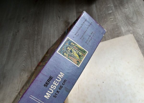 Image of the puzzle 1000, MB, Wood Carving, Ort Margen, Tirol, Complete, Detail of the box