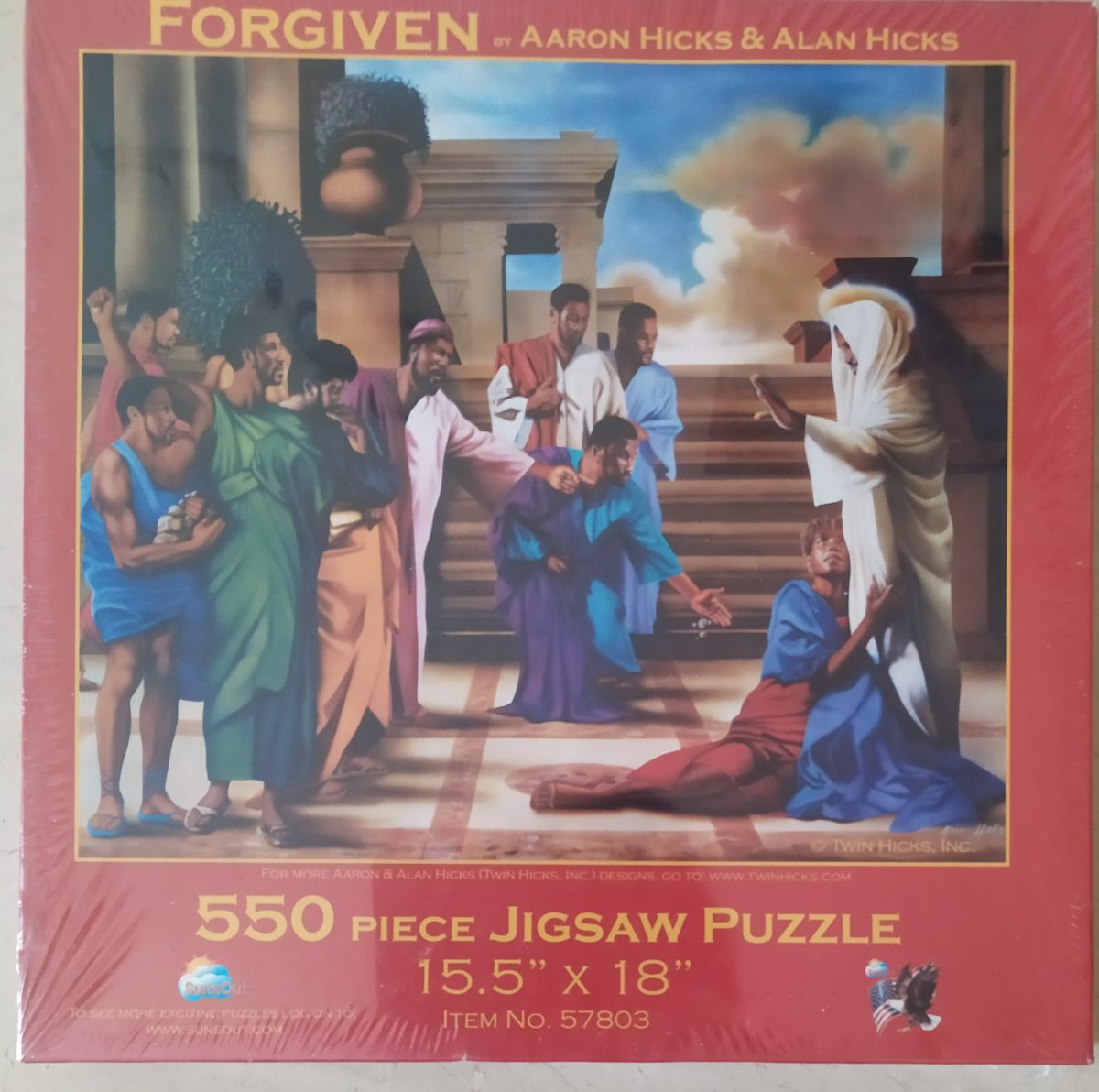 550, SunsOut, Forgiven, Aaron & Alan Hicks, Factory Sealed, Listed by Barebrain Image of the puzzle 550, SunsOut, Forgiven, Aaron & Alan Hicks, Factory Sealed, Picture of the box