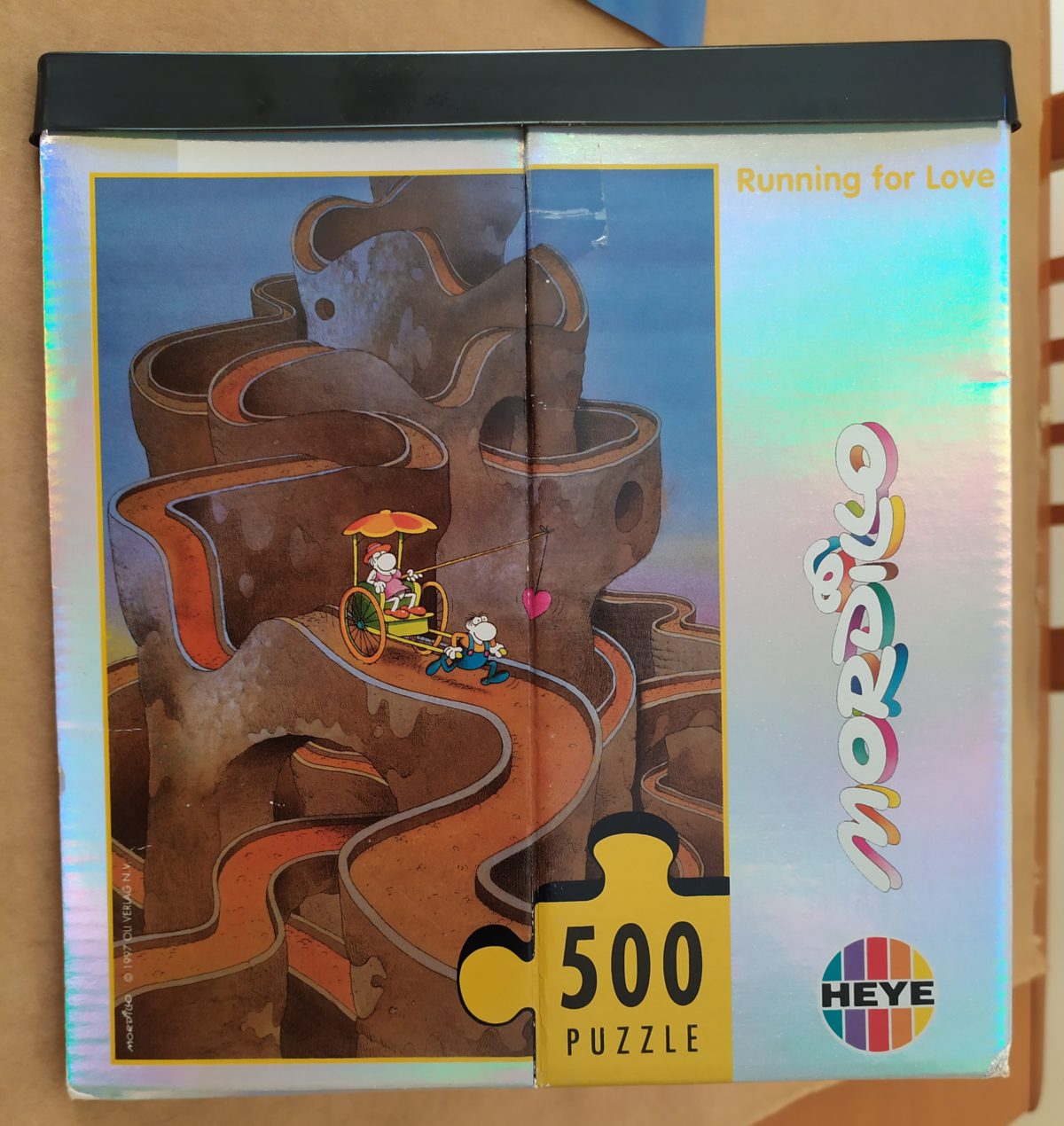 500, Heye, Running for Love, Guillermo Mordillo, Complete, Listed by Barebrain Image of the puzzle 500, Heye, Running for Love, Guillermo Mordillo, Complete, Picture of the box