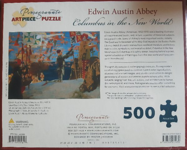 Image of the puzzle 500, Pomegranate, Columbus in the New World, by Edwin Austin Abbey, Factory Sealed, Picture of the back