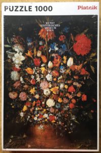 Image of the puzzle 1000, Piatnik, Flowers in a Wooden Vessel, Jan Brueghel the Elder, Factory Sealed, Picture of the box