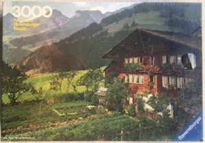 Image of the puzzle 3000, Ravensburger, Swiss Mountain Farmhouse, by Van Hoorick, Factory Sealed, Picture of the box