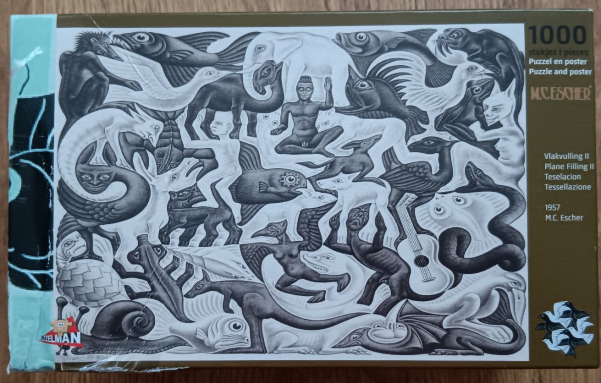Image of the puzzle 1000, Puzzelman, Plane Filling II, by Escher, Sealed Bag, Picture of the box