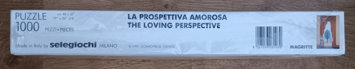 1000, Selegiochi, The Loving Perspective, by René Magritte, Factory Sealed, Listed by Emilia Image of the puzzle 1000, Selegiochi, The Loving Perspective, by René Magritte, Factory Sealed, Detail of the box