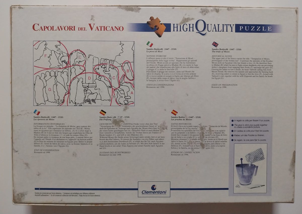 2000, Clementoni, The Trials of Moses, by Sando Botticelli, Sealed Bag, Listed by Vanesa Image of the puzzle 2000, Clementoni, The Trials of Moses, by Sando Botticelli, Sealed Bag, Picture of the back