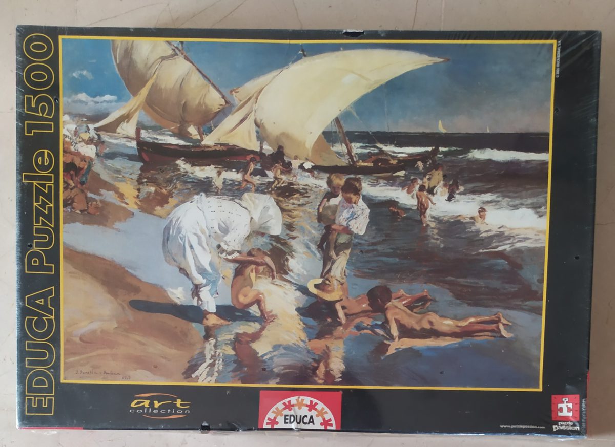 1500, Educa, Beach of Valencia by Morning Light, by Joaquín Sorolla, Factory Sealed, Listed by Barebrain Image of the puzzle 1500, Educa, Beach of Valencia by Morning Light, by Joaquín Sorolla, Factory Sealed, Picture of the box