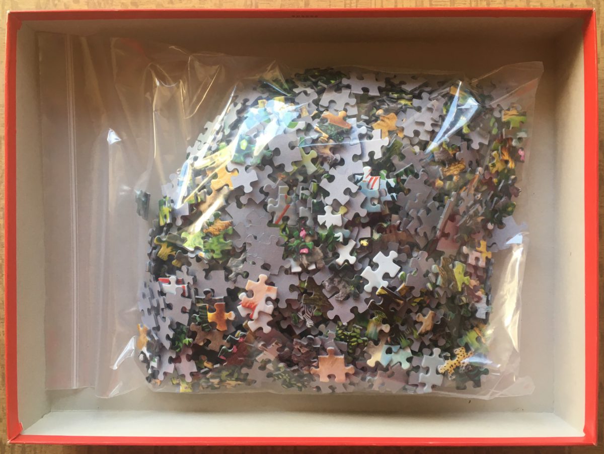 Image of the puzzle 1000, Jumbo, Oasis in the Jungle, by Chris Hiett, Complete, Picture of the bag