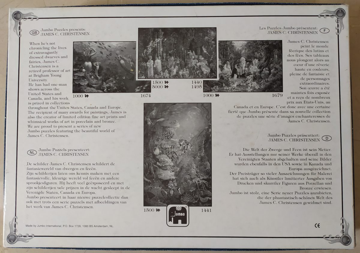 Image of the puzzle 5000, Jumbo, Court of the Fairies, by James Christensen, Sealed Bag, Picture of the back
