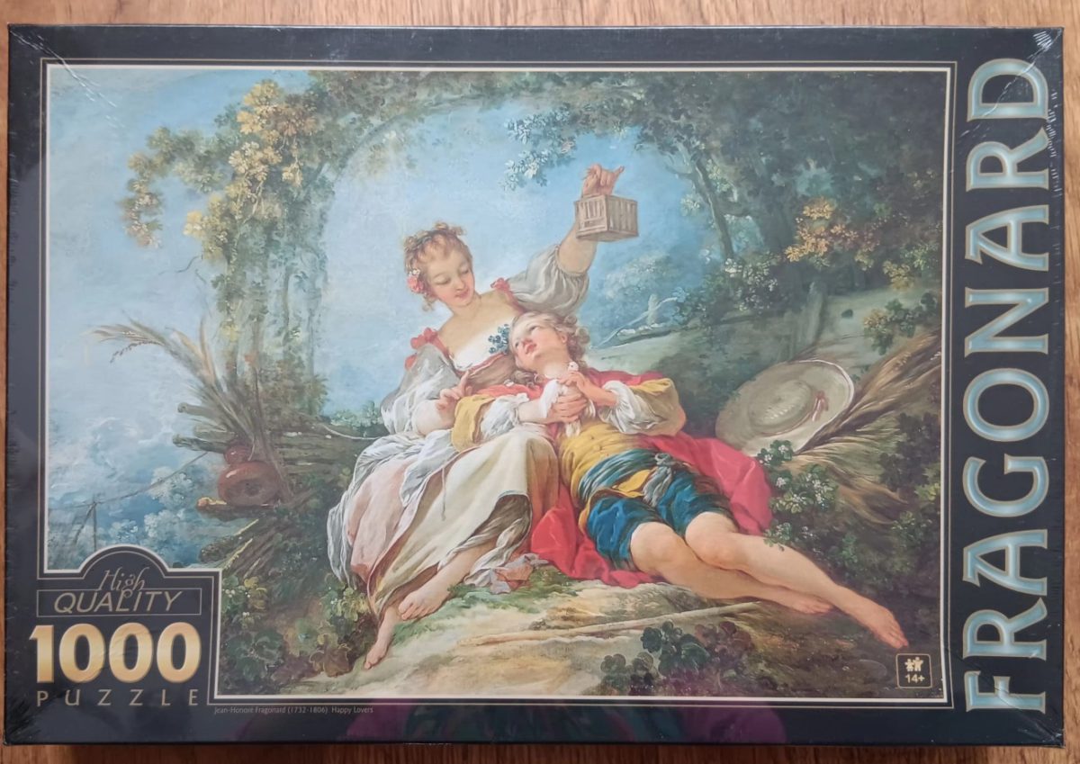 1000, D-Toys, Happy Lovers, by Fragonard, Factory Sealed, Listed by Emilia Image of the puzzle 1000, D-Toys, Happy Lovers, by Fragonard, Factory Sealed, Picture of the box