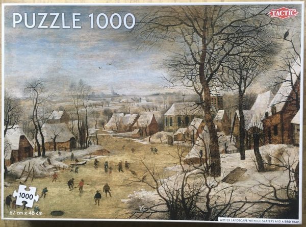 Image of the puzzle 1000, Tactic, Winter Landscape with Ice Skaters and a Bird Trap, by Pieter Bruegel the Elder, Sealed Bag, Picture of the box