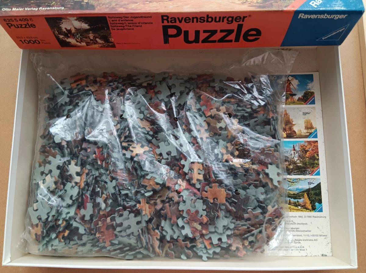 1000, Ravensburger, The Childhood Friend, by Carl Spitzweg, Sealed bag, Listed by Emilia puzzles Image of the puzzle 1000, Ravensburger, The Childhood Friend, by Carl Spitzweg, Sealed bag, Picture of the bag