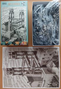 Image of the puzzle 1000, Puzzelman, Waterfall, by Maurits Cornelis Escher, Sealed Bag, Picture of the bag and the poster