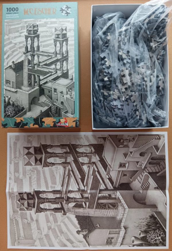 Image of the puzzle 1000, Puzzelman, Waterfall, by Maurits Cornelis Escher, Sealed Bag, Picture of the bag and the poster