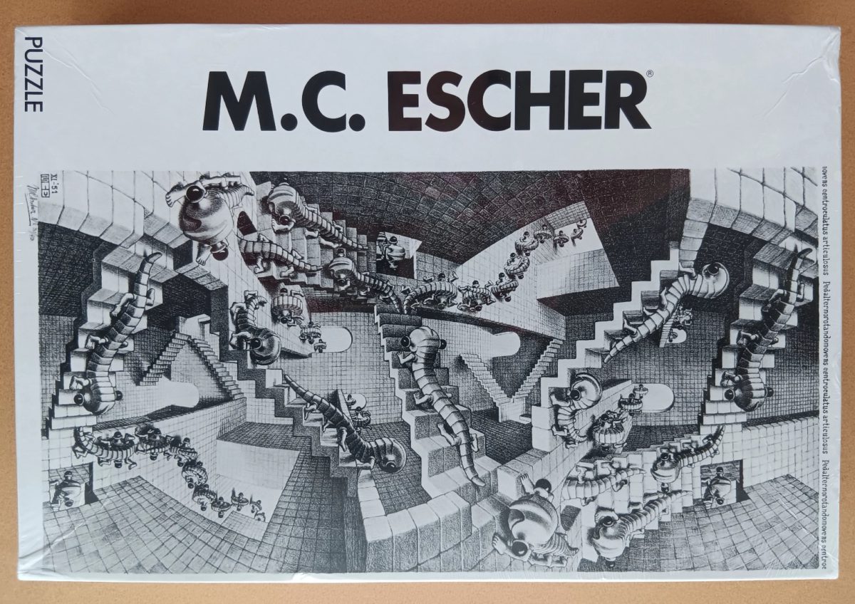 1000, Selegiochi, House of Stairs, Maurits Cornelis Escher, Factory Sealed, Listed by Emilia puzzles Image of the puzzle 1000, Selegiochi, House of Stairs, by Maurits Cornelis Escher, Factory Sealed, Picture of the box